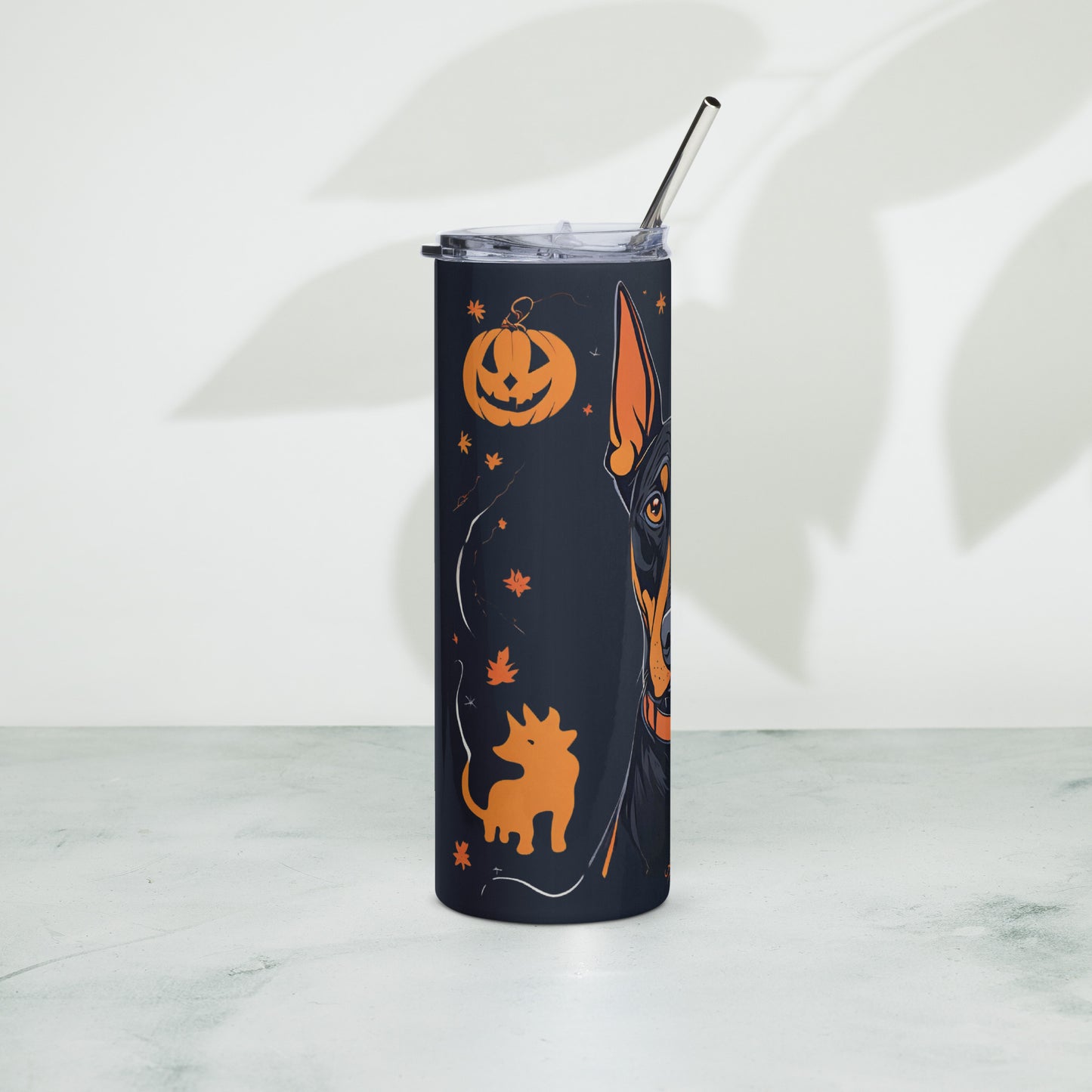 Stainless steel tumbler (Doberman Halloween Pumpkin)